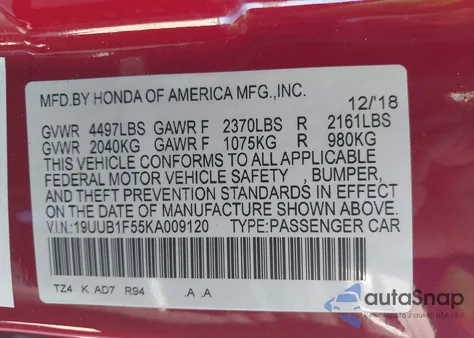 2019 Acura Tlx Tech Pkg z USA, uszkodzony, nr VIN 19UUB1F55KA009120